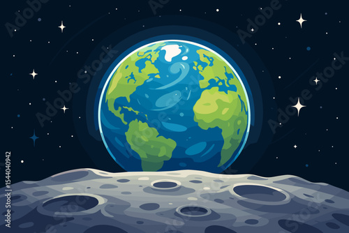 Spectacular Earthrise: Blue Planet Earth rising from Moon's cratered surface. Cosmic space view, vibrant vector cartoon illustration for astronomy, science, environmental design.