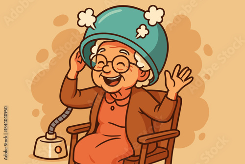 Happy senior woman enjoying a vintage home hair steaming session, beauty salon experience, self-care, and pampering. Cartoon vector illustration of an elderly lady with a dryer helmet.