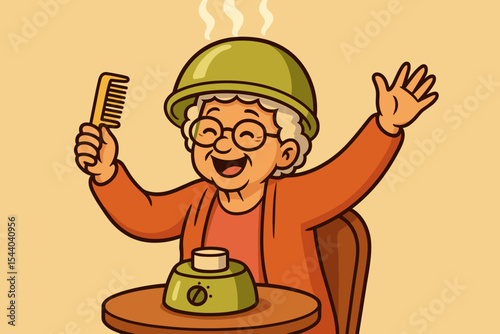 Joyful senior woman with a hair steamer, enjoying a happy home beauty treatment. Cheerful elderly lady having fun with self-care and personal spa session. Vintage cartoon vector illustration.