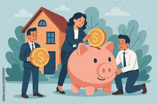 Business professionals and employees saving money in a piggy bank for real estate investment. Financial planning, future wealth, mortgage, and home ownership goals. Cartoon vector illustration.