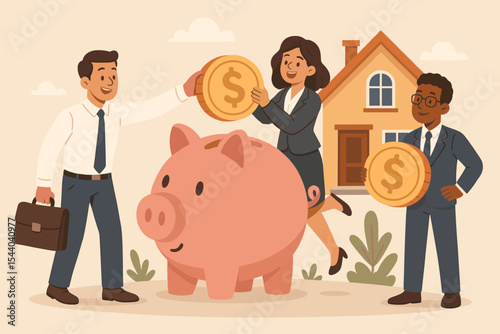 Diverse Business Team Saving Money in Piggy Bank for Real Estate Investment. Financial Planning for Home Ownership, Property Acquisition, Wealth Growth, Future Security. Investment Fund Goals.