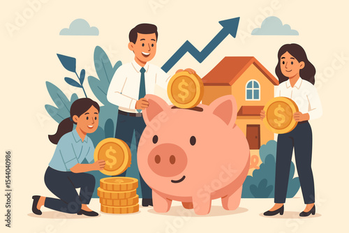 Diverse people saving money in piggy bank for real estate investment. Financial planning for homeownership, future wealth growth, property purchase, and secure living goals.