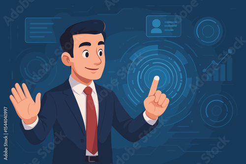 Young entrepreneur interacting with futuristic virtual digital interface, managing innovative business technology data, smart solutions for future success, vector cartoon illustration.