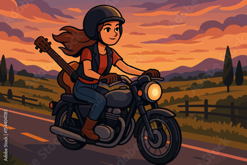 Adventurous female guitarist rides motorcycle on scenic rural highway at beautiful sunset dusk. Cartoon vector illustration of a happy woman on a road trip, music journey, freedom travel.