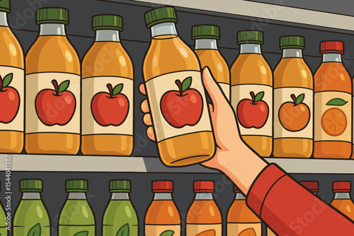 Female hand choosing apple juice bottle from supermarket shelf, cartoon vector illustration. Healthy beverage shopping, grocery store selection, natural fruit drink, consumer lifestyle.