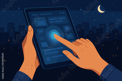 Woman hands using tablet at night, technology user interface, digital touch screen, urban cityscape background, modern device interaction, illuminated mobile gadget vector illustration