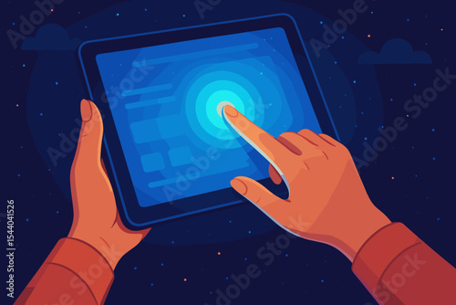 Nighttime digital interaction concept. Female hands using touchscreen tablet interface. Modern technology, online browsing, internet device usage, UI, user experience, mobile gadget cartoon vector