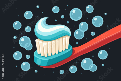 Bright cartoon toothbrush with toothpaste and bubbles on dark background. Dental hygiene, oral care concept. Clean teeth, morning routine, kids dental health vector illustration for stock design