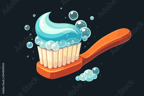 Cartoon toothbrush with blue toothpaste foam and bubbles on dark background. Oral hygiene, dental care concept. Clean teeth, fresh breath, morning routine. Vector illustration, no text design
