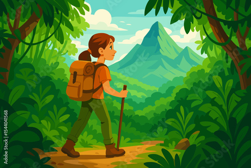 Female Hiker Exploring Lush Tropical Rainforest Jungle with Majestic Mountain Vistas. Outdoor Adventure Journey on Scenic Trail. Vector Cartoon Travel Illustration.