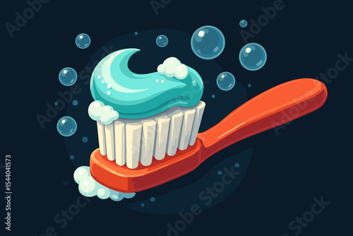 Cartoon toothbrush with blue toothpaste and bubbles on dark background. Oral hygiene, dental care concept. Vector illustration for dental health, brushing teeth, clean smile, morning routine