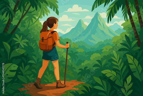 Female Hiker Exploring Lush Tropical Rainforest Jungle with Majestic Mountain Vistas. Adventure Journey, Trekking Landscape Vector Cartoon Illustration.