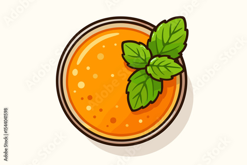 Fresh orange juice with mint leaves garnish, top view. Vibrant citrus beverage in glass, minimal white background. Refreshing cartoon vector illustration, summer drink, healthy vitamin C concept