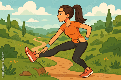 Flexible young woman stretching before trail running in scenic countryside landscape, fitness workout, outdoor exercise, healthy lifestyle, active cartoon vector illustration