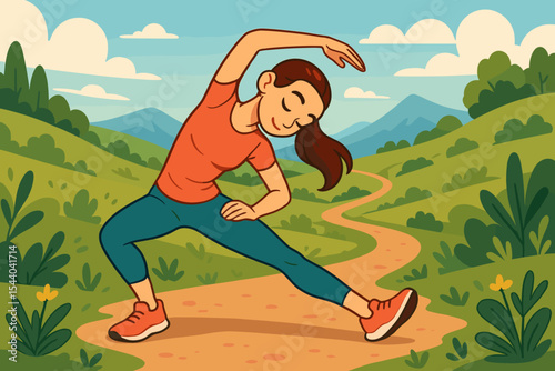 Young woman stretching before trail run in scenic countryside, fitness warmup routine, outdoor exercise, cartoon vector, active lifestyle, healthy living, sports illustration, nature landscape
