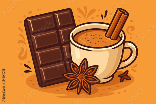 Aromatic Masala Chai Spiced Tea with Cinnamon Stick, Star Anise, Chocolate Bar. Cozy Hot Beverage Vector Illustration. Winter Comfort Drink, Warm Cup, Indian Spices, Cartoon Food Art