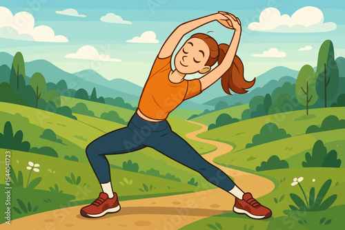 Athletic young woman stretching outdoors before running. Cartoon female warming up in scenic countryside landscape. Fitness exercise, healthy lifestyle, outdoor activity, vector illustration