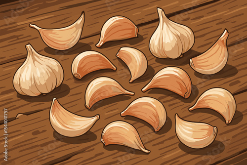 Whole and peeled garlic cloves scattered on rustic wooden table, aromatic seasoning ingredient, cartoon vector illustration highlighting natural colors, organic cooking, healthy food