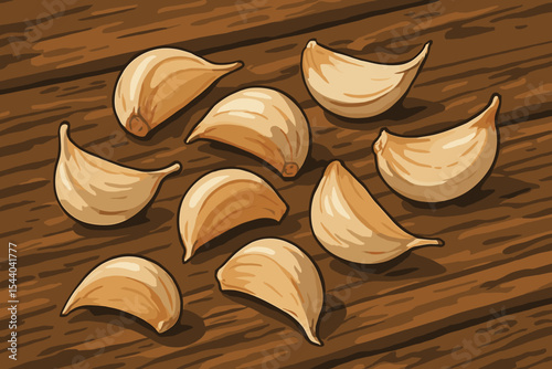 Garlic Cloves Vector Illustration. Fresh Aromatic Garlic Pieces Scattered on Rustic Wooden Table. Hand Drawn Food Ingredient Texture. Organic Cooking Spice. Natural Kitchen Vegetable Isolated
