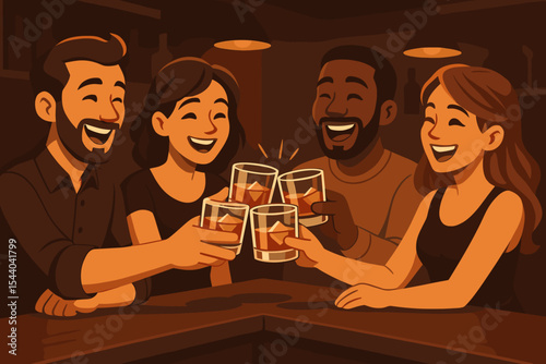 Group of friends toasting whiskey glasses at dimly lit bar counter, social celebration, night out, cozy pub atmosphere, vector cartoon illustration, drinks, friendship, party, cheers