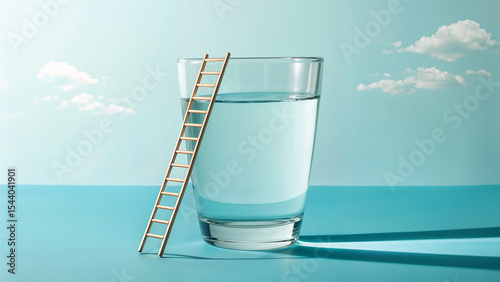 Glass of Water with a Ladder Leaning Against It on a Blue Surface 