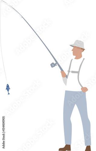 Fisherman with Fishing Rod Catching a Fish – Vector Illustration