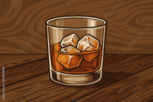 Whiskey glass with ice cubes on rustic wooden table. Classic alcoholic drink, bourbon or scotch, vintage bar scene. Vector illustration for pubs, cocktail menus, liquor brands, drinking concept