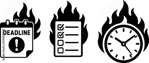 Burning Deadline Icon Set – Flaming Clock, Calendar and Checklist Symbols for Stress, Urgency and Time Pressure Design