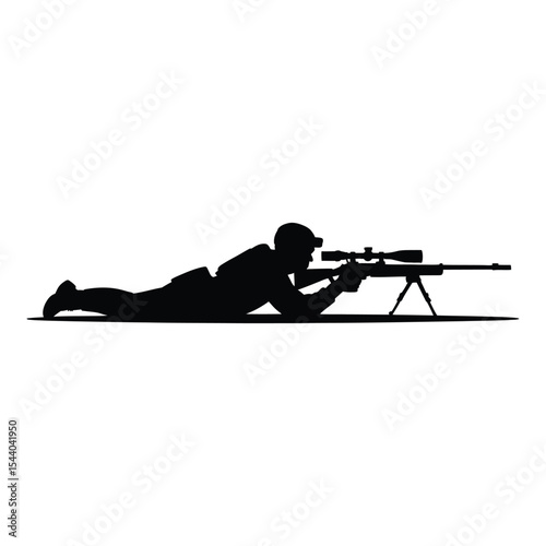 Sniper silhouette aiming rifle isolated on white background