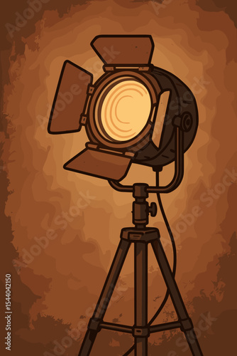 Vintage movie studio spotlight on tripod stand with warm glowing light, classic cinema production lamp, retro stage lighting equipment, textured background, vector cartoon illustration