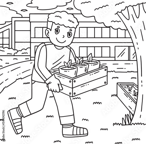 School Yard Boy Carrying Box of Seedlings Coloring