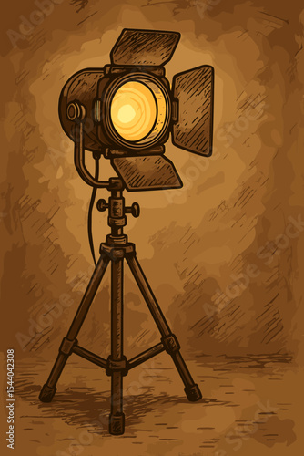 Vintage studio spotlight glowing on tripod stand, cinematic theater lighting equipment with barn doors, textured brown backdrop, film production concept, hand-drawn vector illustration