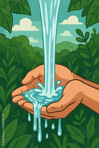 Fresh clean water flowing into cupped human hands surrounded by vibrant green natural forest plants, environmental conservation, freshwater resource protection, sustainability vector illustration