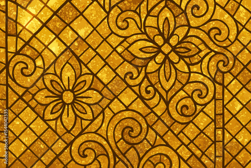 Luxurious golden stained glass mosaic background with ornate floral patterns, swirls, glitter texture, geometric grid, glowing reflections. Elegant luxury vector, intricate decorative seamless design