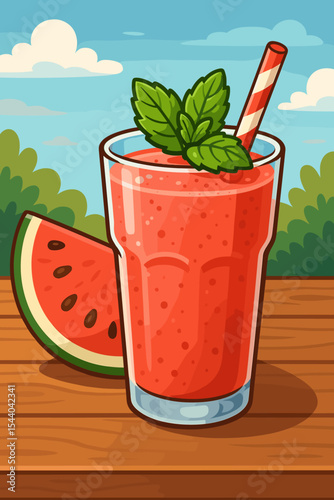 Refreshing watermelon smoothie with mint leaves in glass, summer drink outdoors, juicy fruit slice, wooden table, healthy beverage, bright cartoon vector illustration, picnic concept