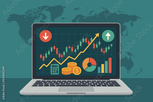Global stock market trading analysis on laptop computer, financial data chart, currency exchange, candlestick graph, rising trend, economic growth, investment, digital economy vector illustration