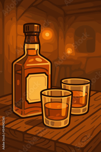 Whiskey bottle with two glasses on rustic wooden table, cozy bar interior, warm ambient lighting, hand drawn vector illustration, vintage alcohol drink, inviting nightlife atmosphere concept