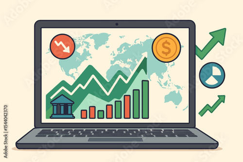 Global stock market analytics on laptop vector illustration. Financial growth and decline charts, bar graphs, currency, pie chart, world map, banking, investment, online trading concept
