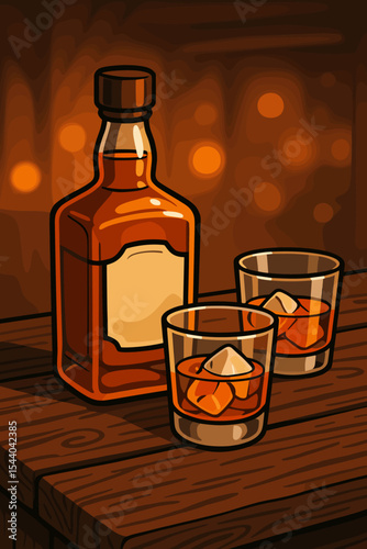 Whiskey bottle with two glasses of bourbon served on rustic wooden table, cozy warm bar ambient lighting, cartoon vector illustration, alcoholic drink, relaxation, nightlife, social gathering