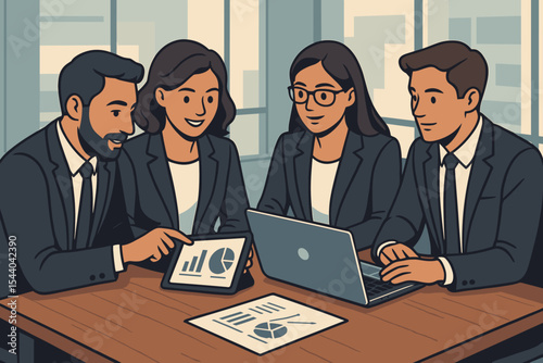 Business professionals team meeting analyzing financial charts graphs on digital tablet and laptop in modern office workspace. Collaboration teamwork data analysis strategy. Vector illustration