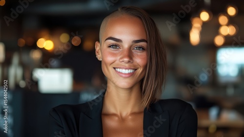 Wallpaper Mural A confident woman with a stylish short haircut smiles warmly in a creative workspace, embodying professionalism and positivity in a modern, inviting atmosphere. Torontodigital.ca