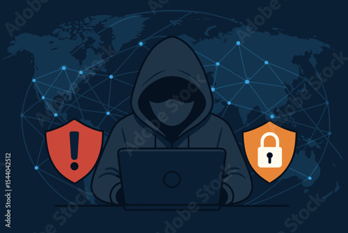 Hooded Hacker with Laptop on Global Network Map Background, Cyber Attack, Online Threat, Data Breach, Security Shield, Lock Icon, Internet Crime, Digital Hacking Vector Illustration