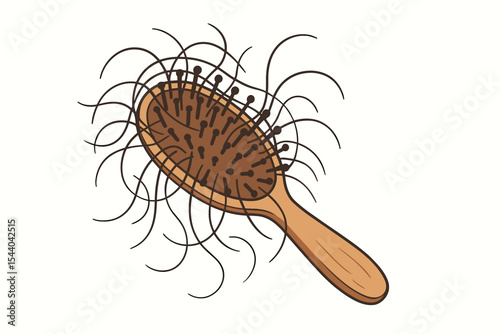 Hair loss problem concept. Vector cartoon wooden hairbrush with tangled fallen hair. Hair shedding, alopecia, hair care, scalp health and beauty illustration. Isolated on white background