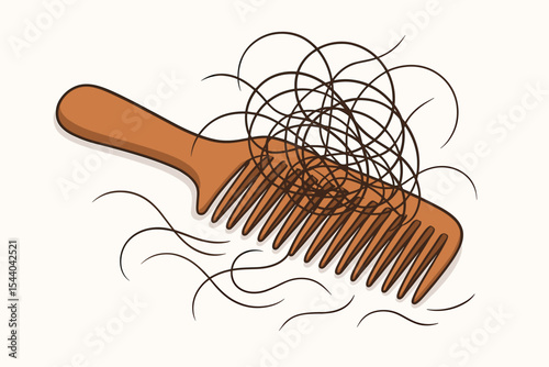 Hair loss problem vector illustration. A comb full of fallen hair symbolizing alopecia, baldness, and hair thinning. Health and beauty concept for dermatology or trichology.