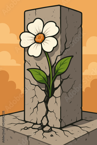 Resilient white flower breaking through cracked concrete pillar. Nature overcoming adversity. Symbol of hope, perseverance, growth, survival. Vector cartoon illustration for motivation, inspiration