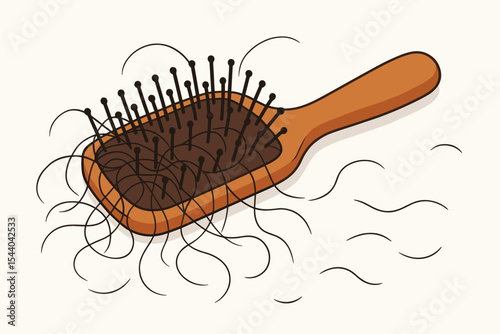 Hair loss in hairbrush vector illustration. Hair strands in wooden comb. Female or male alopecia. Hair fall problem. Beauty, dermatology, trichology, scalp care, health concept isolated on white