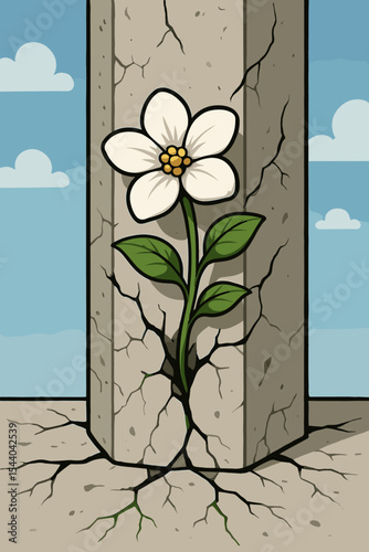 Resilience concept vector. White flower blooming through cracked concrete pillar. Survival nature vs urban environment. Hope overcoming adversity. Growth breaking stone. Minimal cartoon illustration