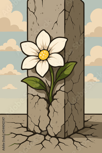 White flower breaking through cracked concrete pillar, resilience and hope concept. Nature overcoming adversity, strength, growth, urban survival, blooming in harsh environment, vector illustration