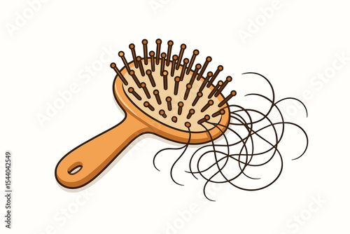 Hair loss problem concept vector illustration. Cartoon hairbrush with a clump of fallen hair. Alopecia, shedding, hair fall, and thinning symbol for health and beauty care.