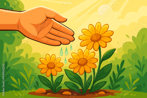 Caring Hand Watering Vibrant Yellow Flowers in Sunny Garden, Plant Nurturing, Growth and Nature Care Concept, Vector Cartoon Illustration, Botanical Outdoor Scene, Spring or Summer Landscape